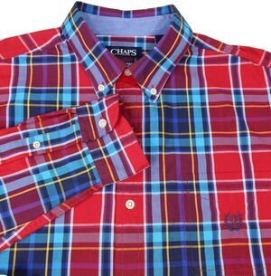 Chaps Ralph Lauren Men's Easy Care Long Sleeve Red Blue Plaid Shirt Size Large